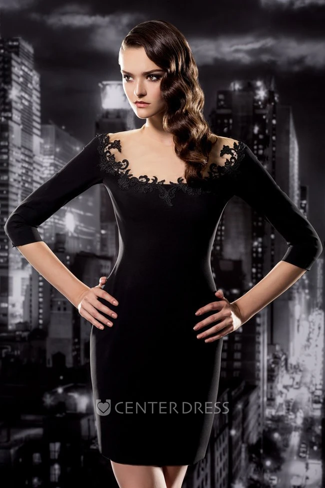 Pencil Short Jewel-Neck Long Sleeve Jersey Illusion Dress With Appliques