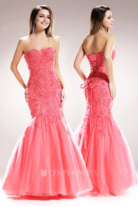 Mermaid Long Sweetheart Satin Lace Lace-Up Dress With Appliques And Beading