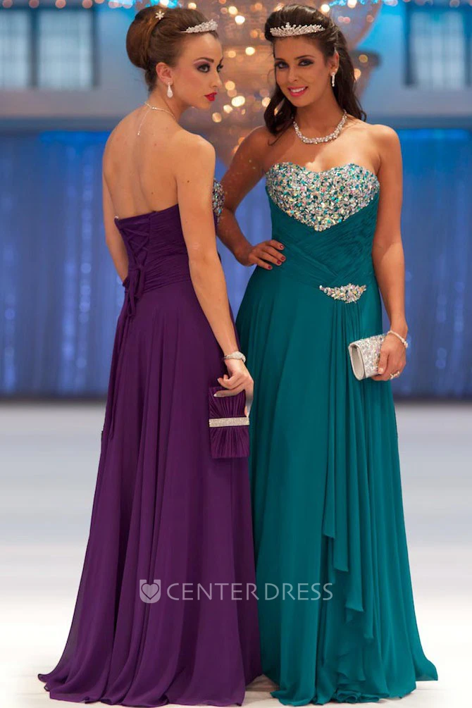 Sheath Floor-Length Sleeveless Sweetheart Beaded Chiffon Prom Dress With Pleats