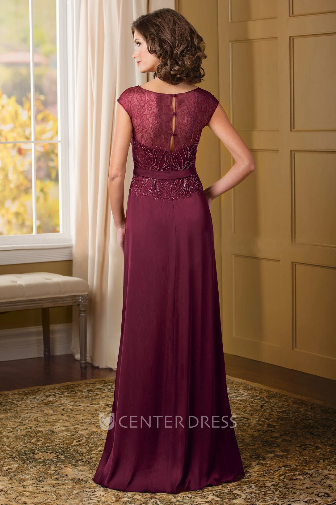 Cap-Sleeved V-Neck Mother Of The Bride Dress With Beadings And Lace Detail