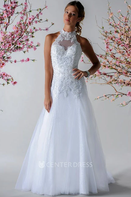Halter Style Bridal Gown With Appliqued Top And Tulle Skirt