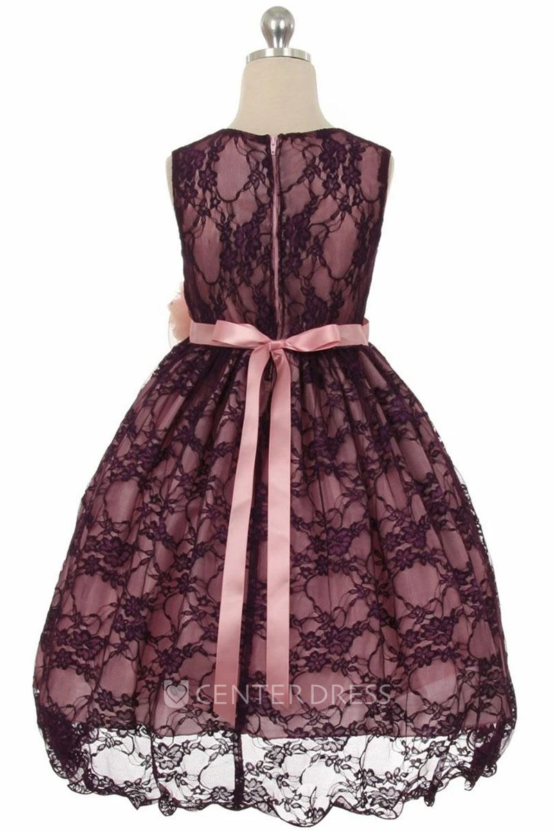 Tea-Length Beaded Floral Lace&Satin Flower Girl Dress With Sash