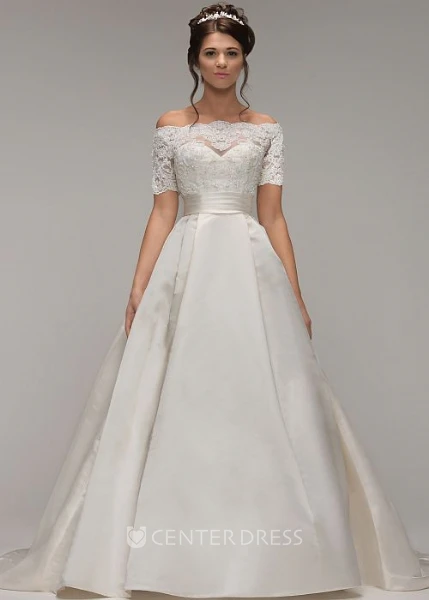 A-Line Off-The-Shoulder Short-Sleeve Satin Wedding Dress With Illusion