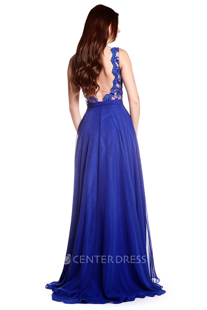 Sheath Sleeveless Jewel Neck Appliqued Chiffon Prom Dress