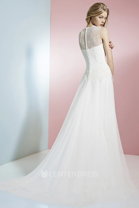 A-Line Jewel Floor-Length Sleeveless Lace Chiffon Wedding Dress With Illusion Back And Sweep Train