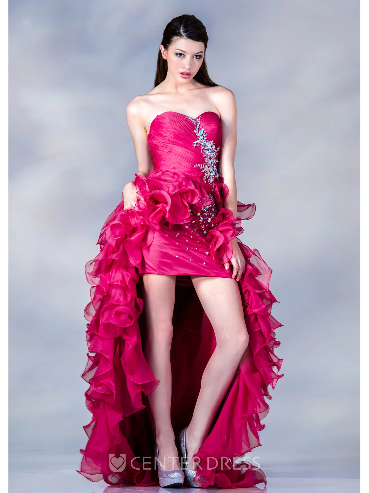 A-Line High-Low Sweetheart Sleeveless Organza Dress With Criss Cross And Beading