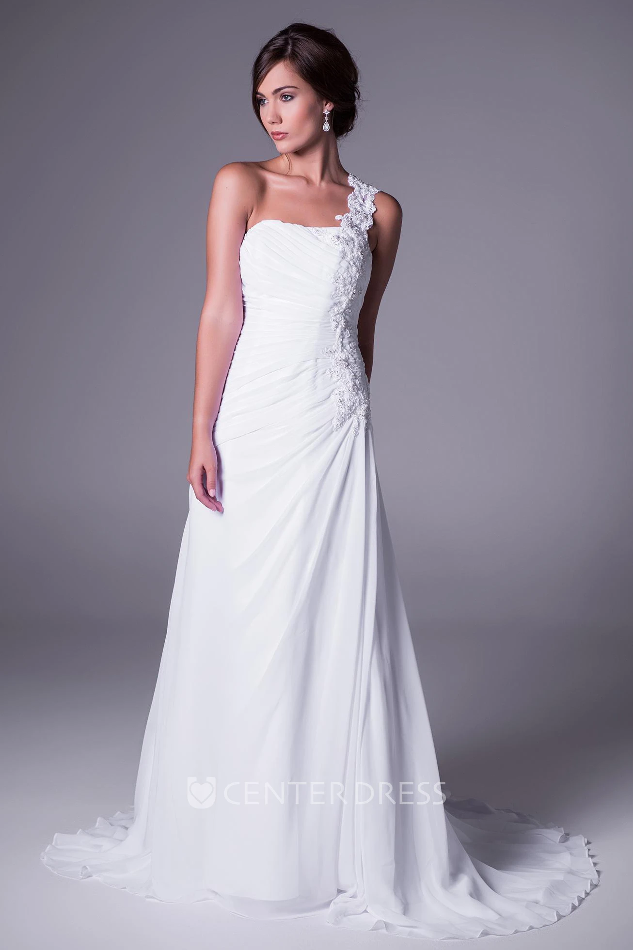 One-Shoulder Floor-Length Ruched Chiffon Wedding Dress With Brush Train