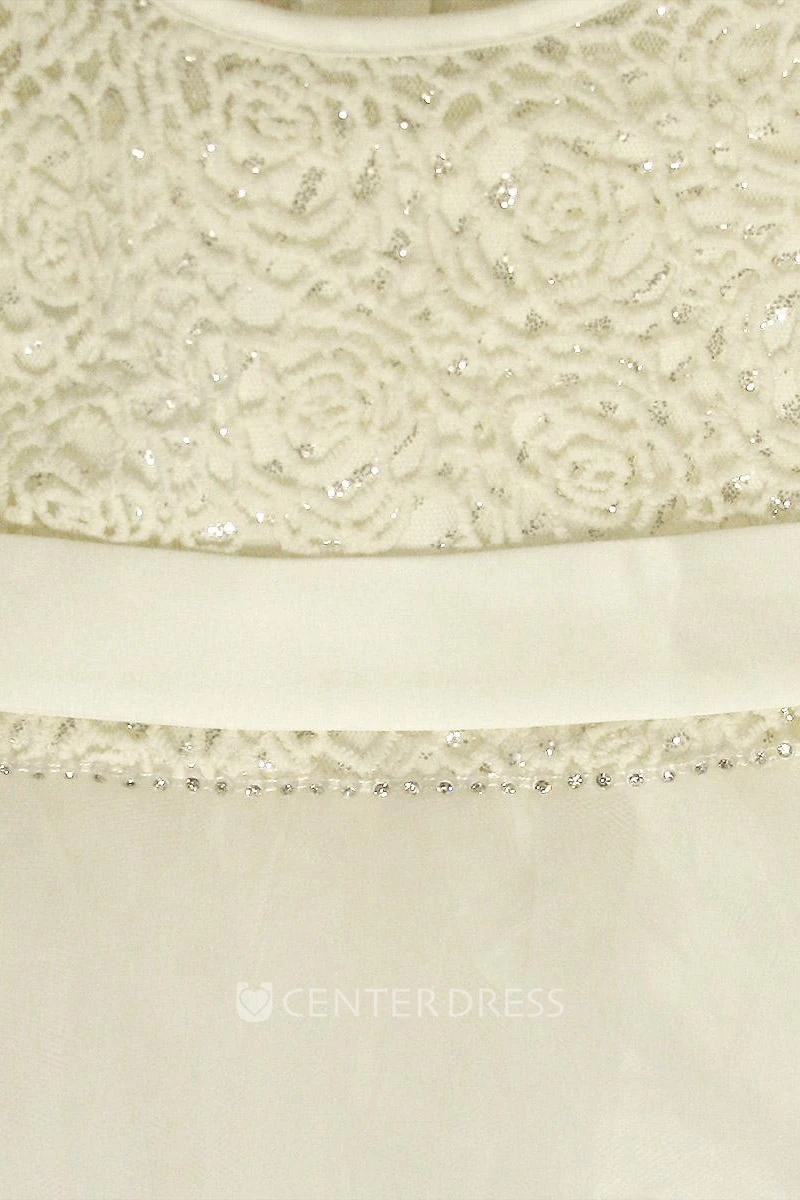 Tea-Length Illusion Bell-Sleeve Beaded Tulle&Lace Flower Girl Dress