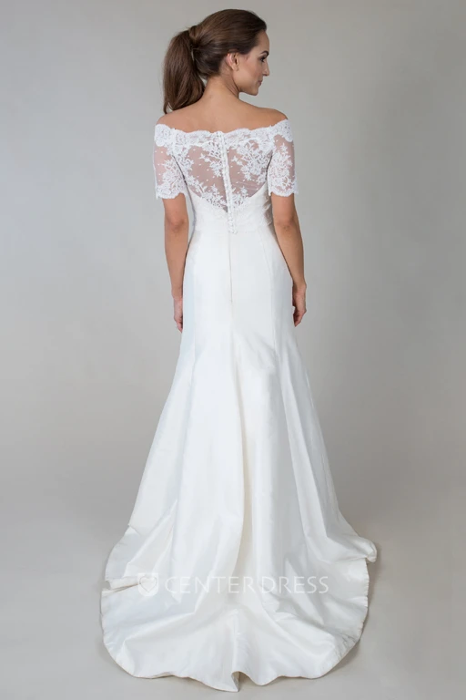 Short-Sleeve Off-The-Shoulder Satin&Lace Wedding Dress With Illusion