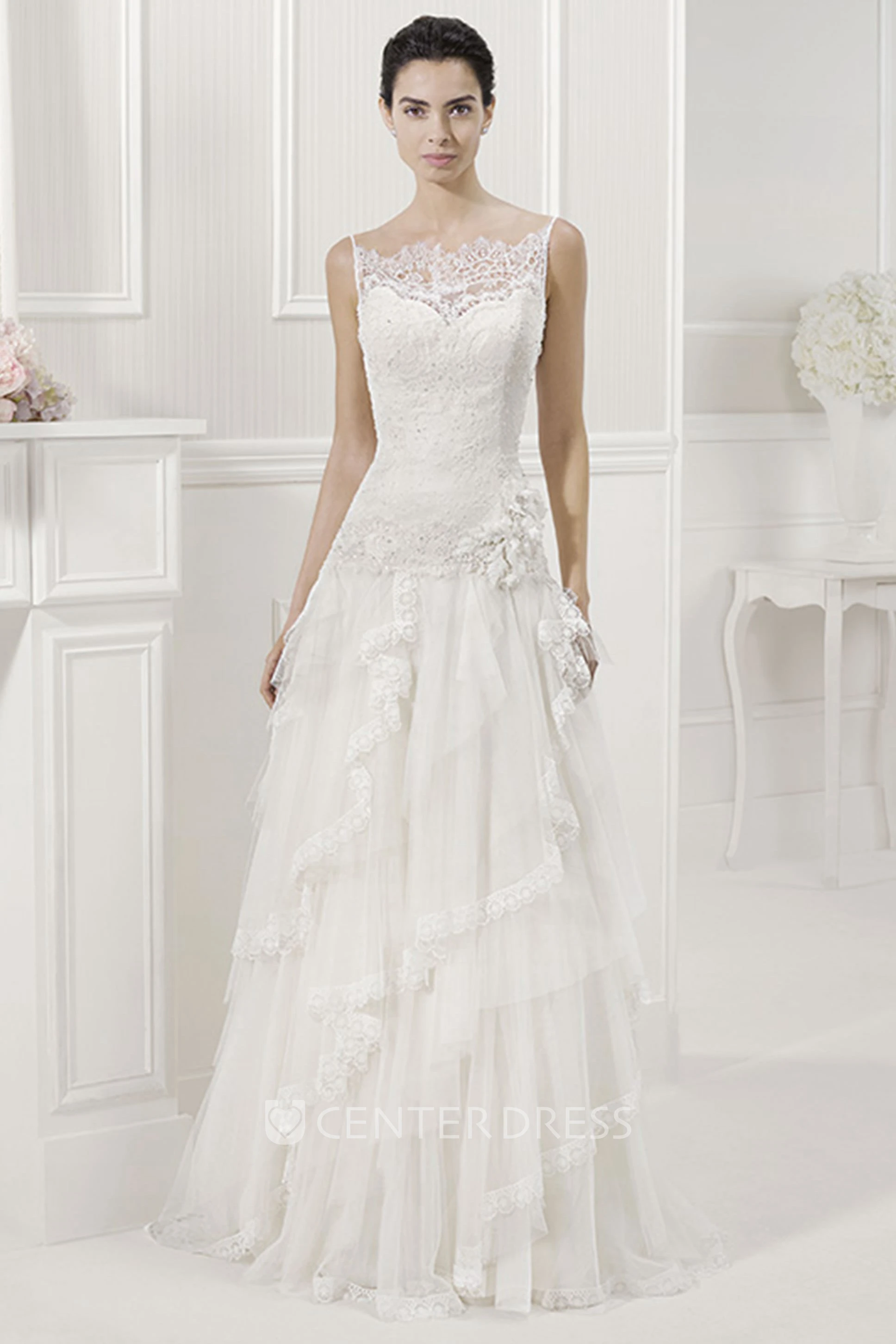 Back Spaghetti Straps Bridal Gown With Sequined Lace Top And Layered Skirt