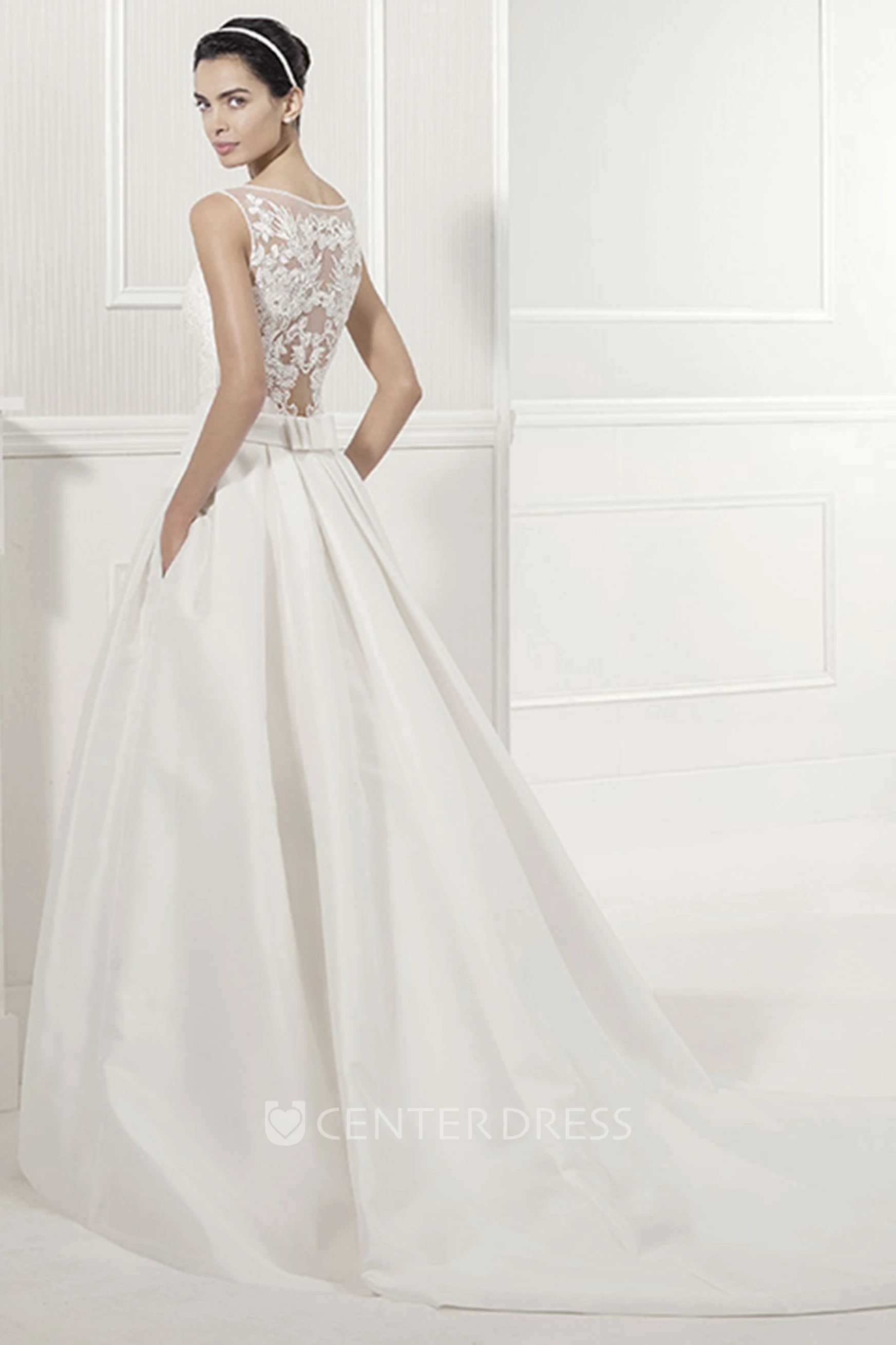 Jewel Neck Sleeveless Taffeta Bridal Gown With Lace Top And Bows