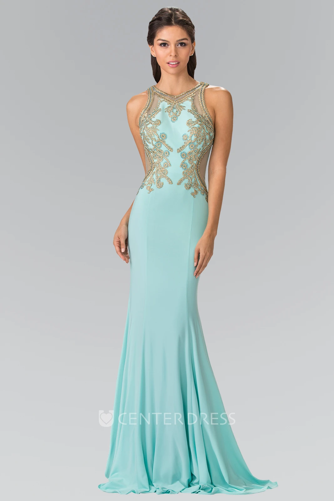 Sheath V-Neck Sleeveless Jersey Illusion Dress With Beading And Pleats