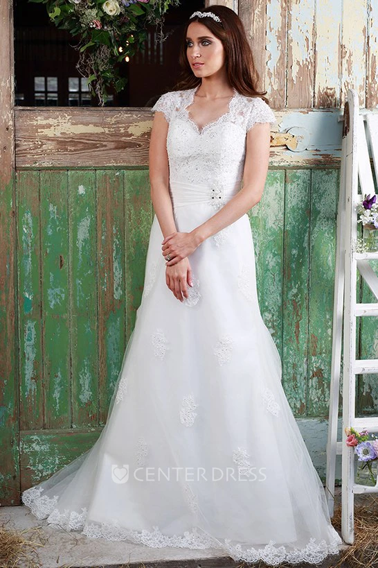 A-Line Beaded V-Neck Cap-Sleeve Lace Wedding Dress With Keyhole