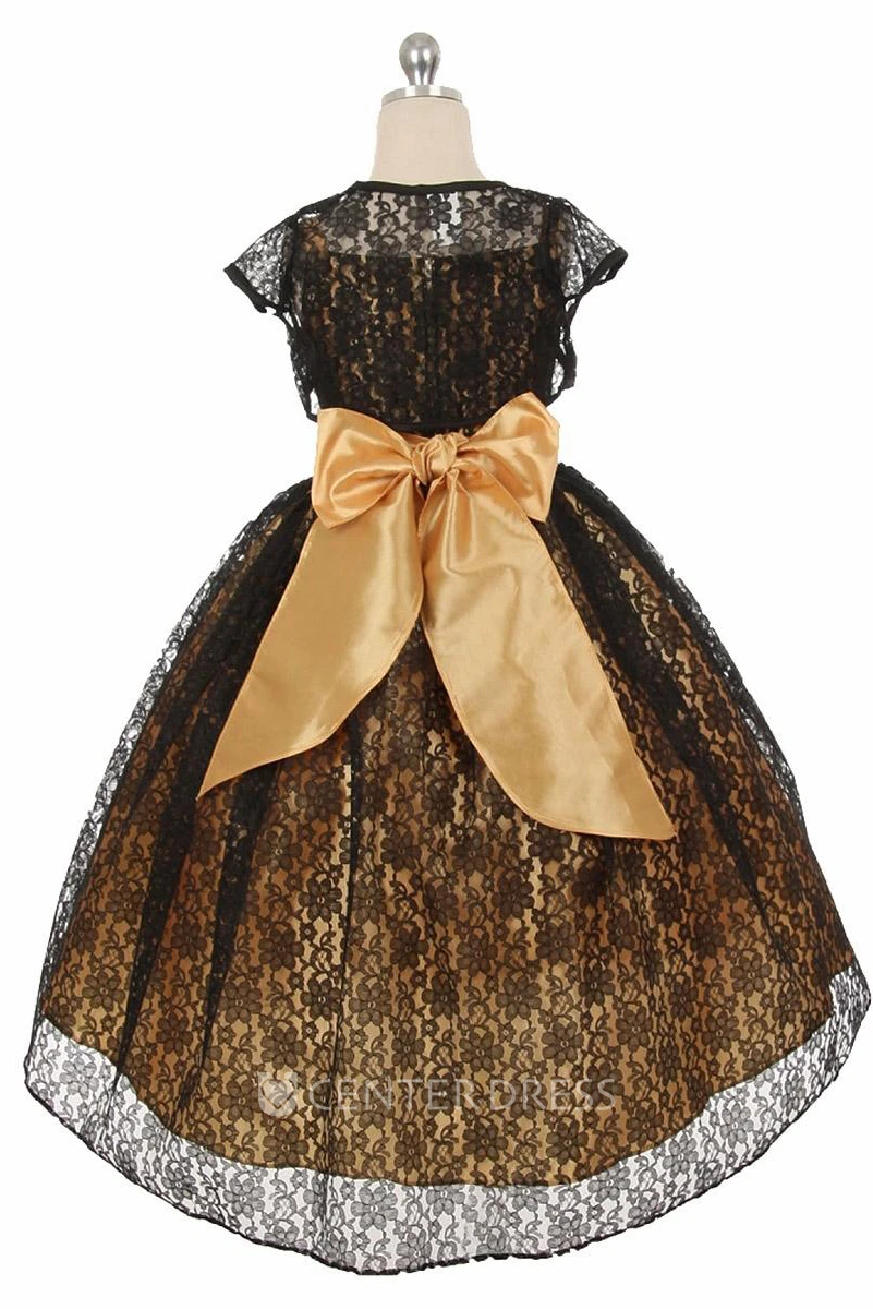 High-Low Floral Criss-Cross Lace Flower Girl Dress With Ribbon