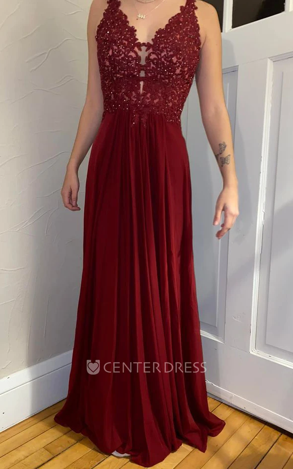 Lace V-neck Casual A-Line Prom Dress With Open Back And Appliques