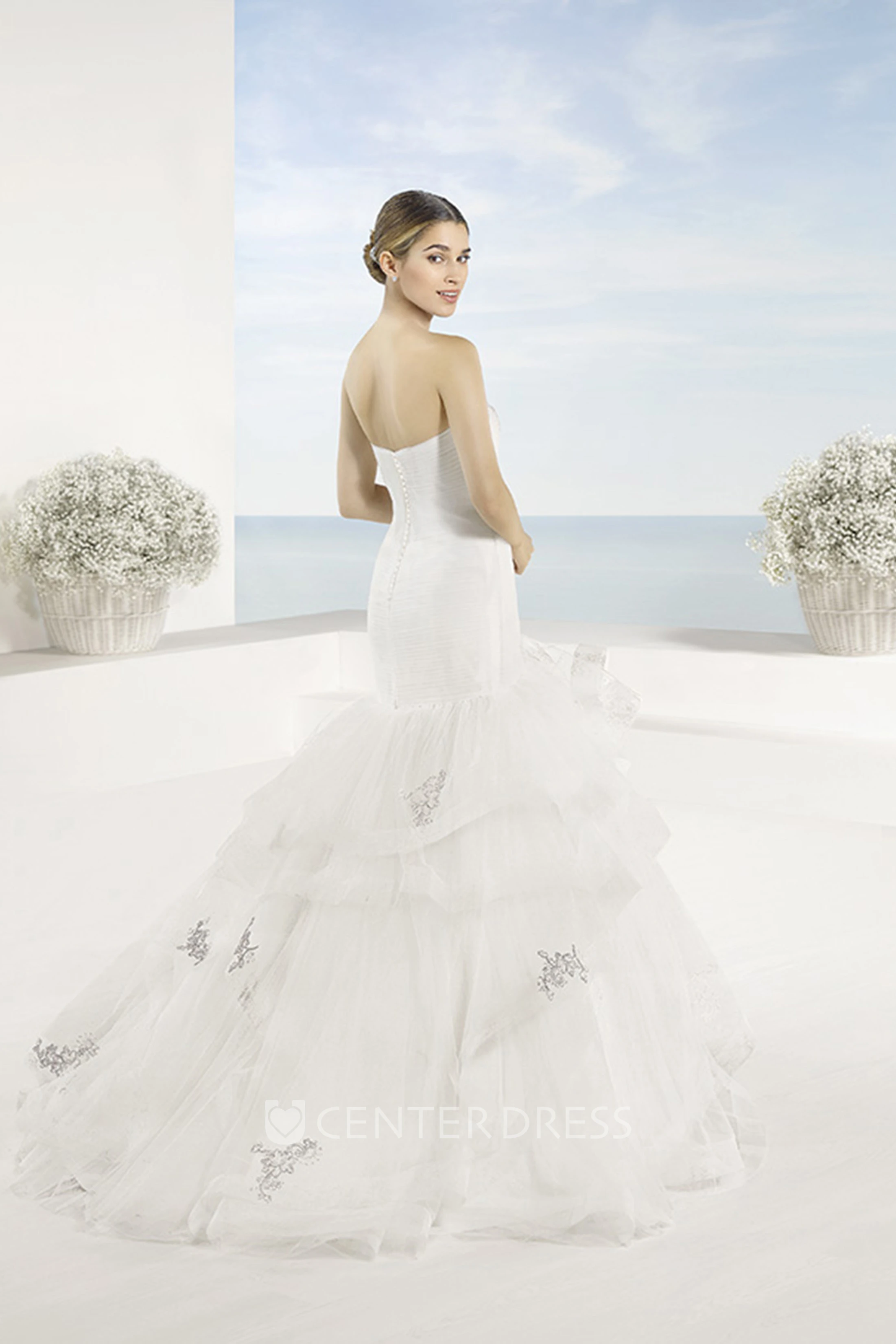 A-Line Strapless Sleeveless Floor-Length Cascading-Ruffle Tulle Wedding Dress With Appliques And Backless Style