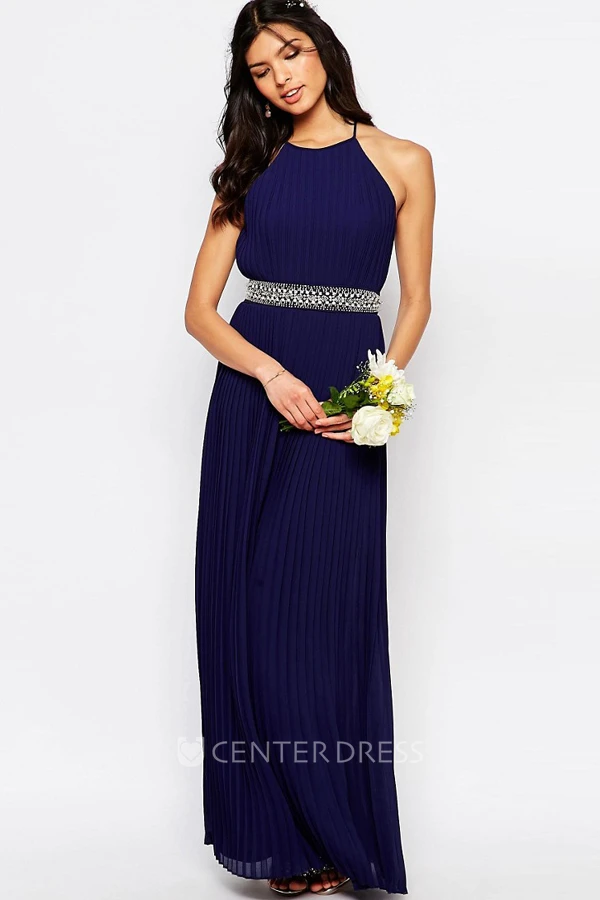 Ankle-Length Sheath High Neck Sleeveless Pleated Chiffon Bridesmaid Dress