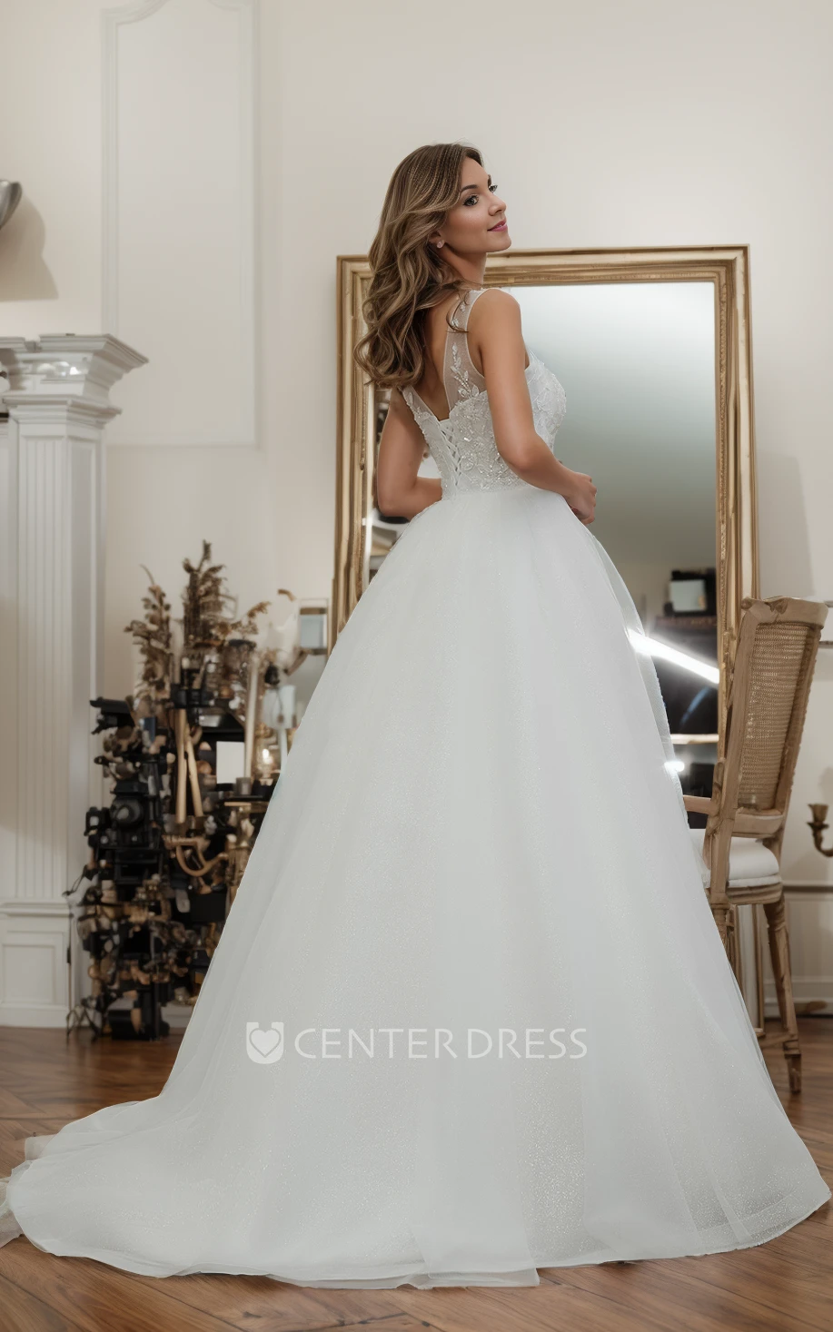 Princess Floral A-Line Boho Lace Glitter Tulle Appliques Ball-Gown Wedding Dress Ethereal Elegant Sequins Beaded Wide Strap Bridal Gown with Train