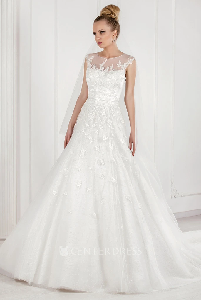 A-Line Scoop Floor-Length Sleeveless Appliqued Tulle Wedding Dress With Illusion Back And Court Train