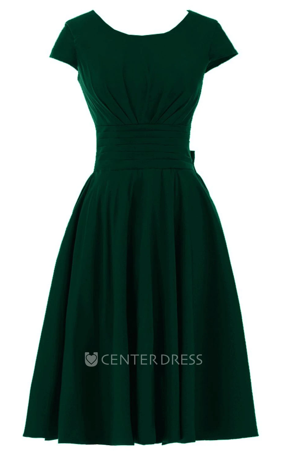 Short Sleeve Knee-length Pleated Chiffon Dress With Bowknot