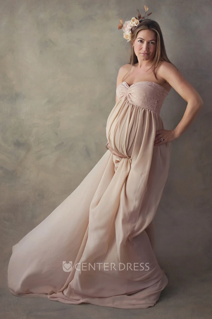A-line Chiffon Lace Sweetheart Sleeveless Pleated Ruched Maternity Dress