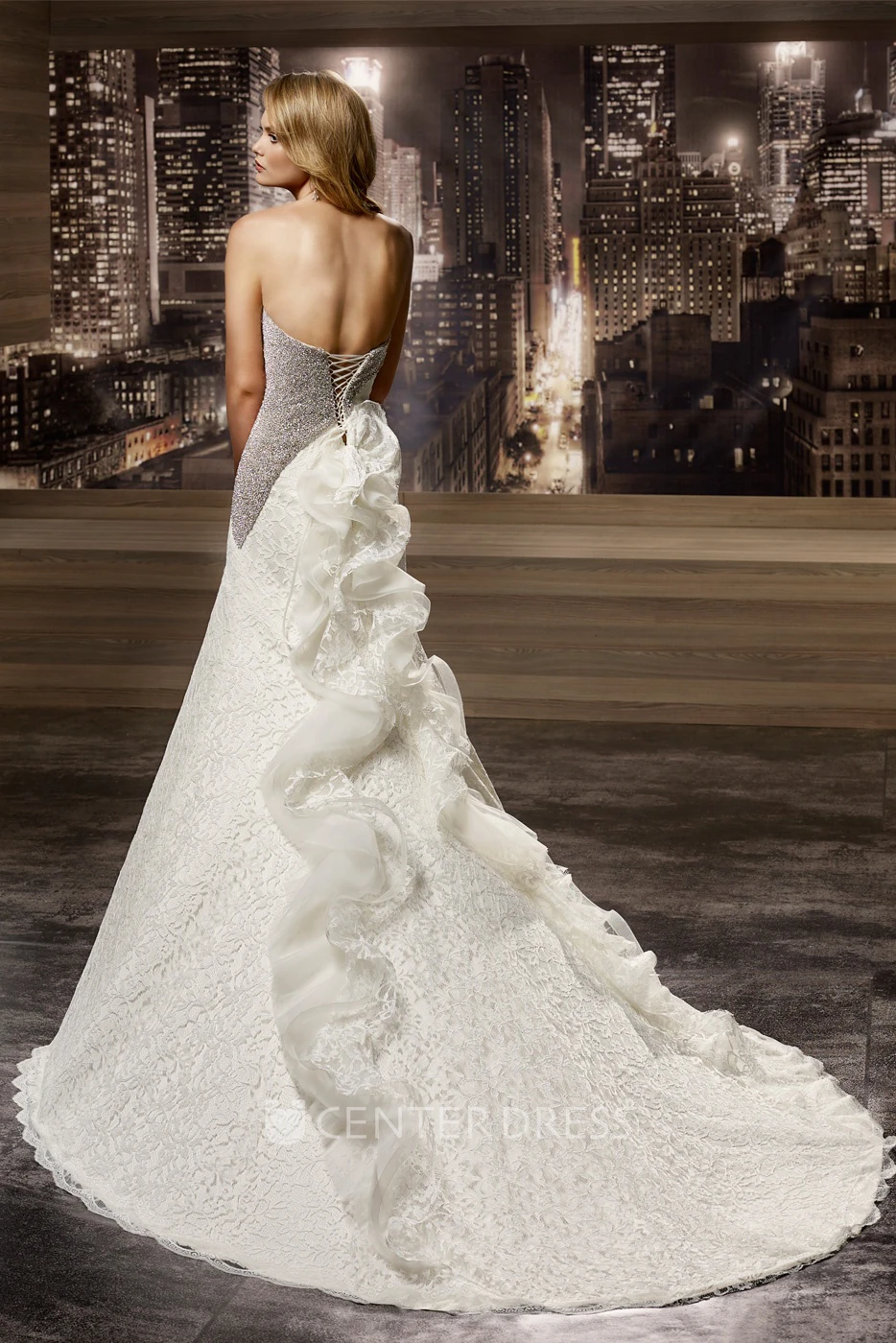 Sweetheart Half-Beaded Wedding Gown with Ruffles Train and Lace-up Back
