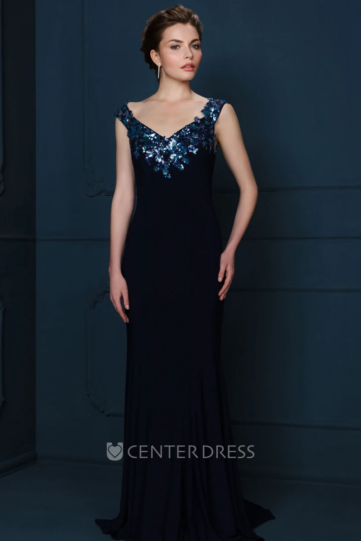 Floor-Length Crystal Sleeveless V-Neck Chiffon Evening Dress