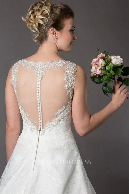 Jewel Neckline A-Line Lace Bridal Gown With Pearls
