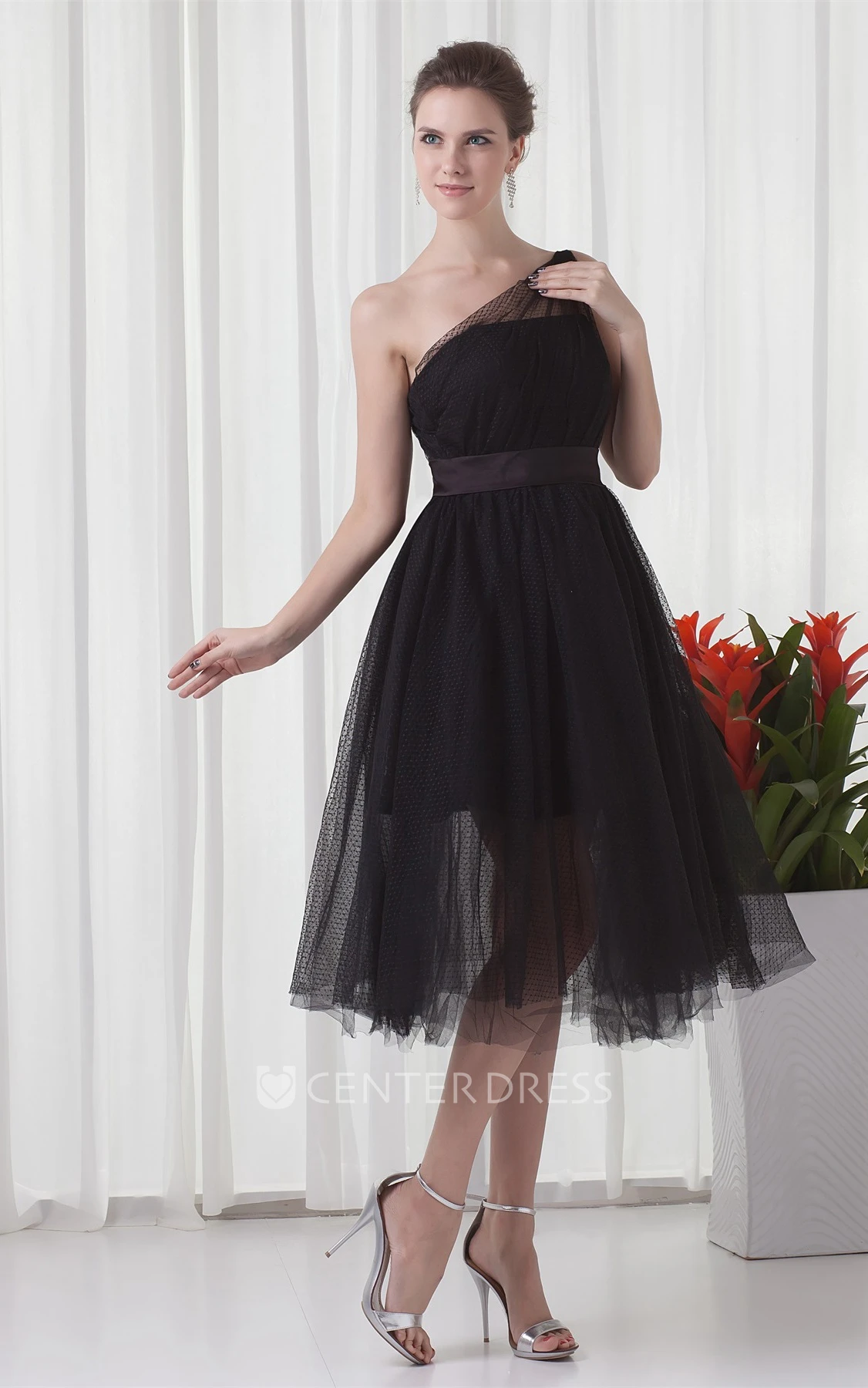 Tea-Length One-Shoulder A-Line Tulle Prom Dress with Pleats