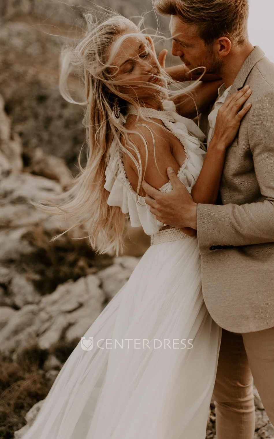 Greek A-Line Off-the-shoulder Tulle Wedding Dress With Button Back And Halter Neckline