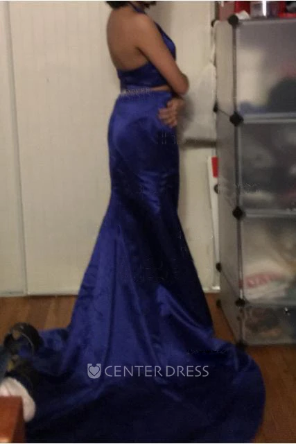Sleeveless Sweep Brush Train Mermaid Trumpet Two Piece Halter Satin Dress