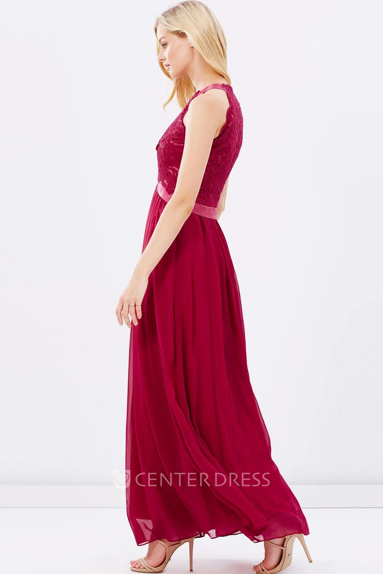 Ankle-Length Sleeveless Appliqued Scoop Neck Chiffon Bridesmaid Dress