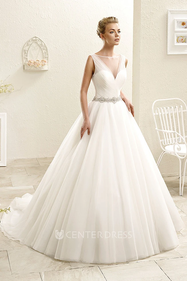 Ball Gown Floor-Length Ruched Bateau-Neck Sleeveless Tulle Wedding Dress With Waist Jewellery