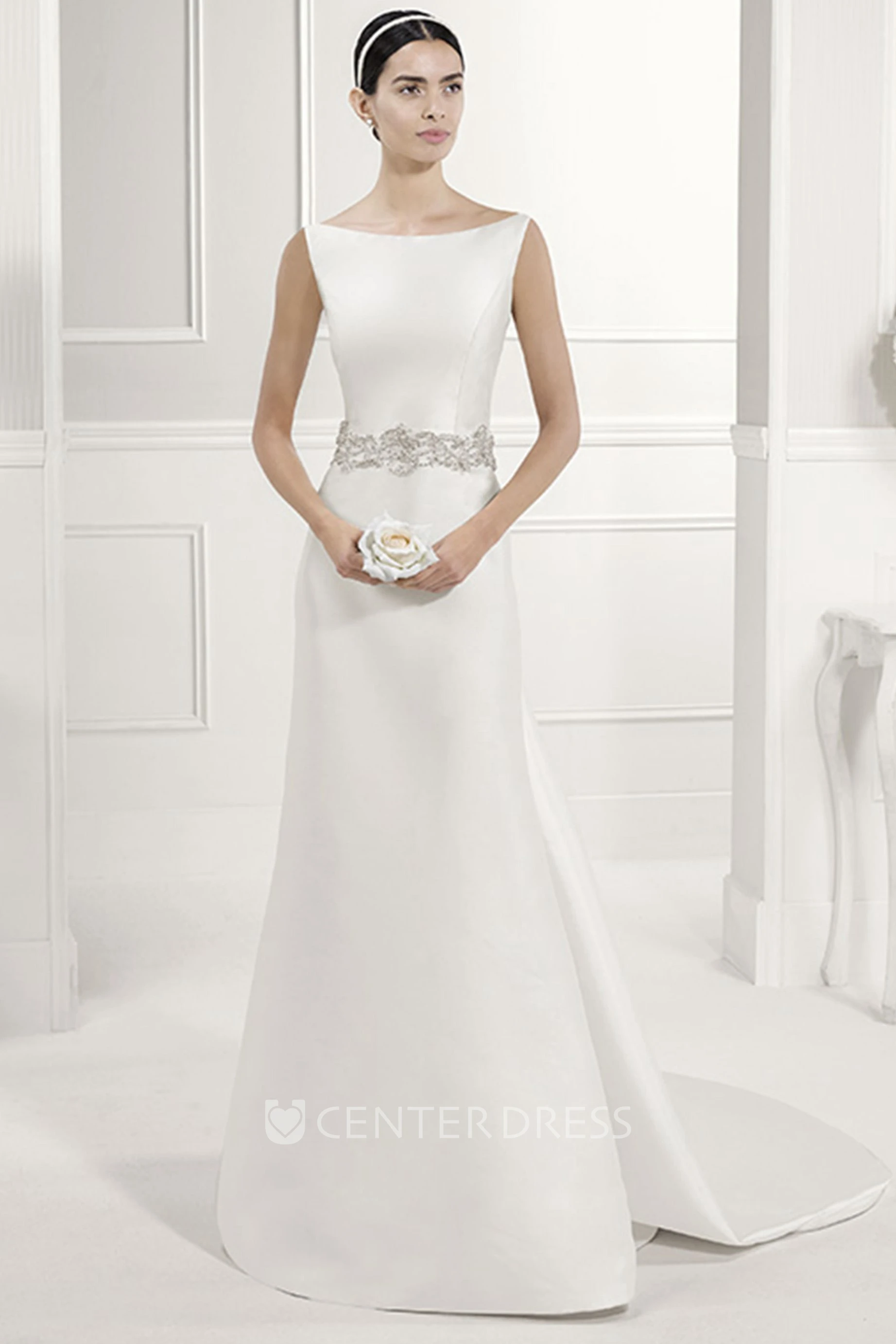 Bateau Neck Sheath Taffeta Bridal Gown With Criss-Cross Back Straps