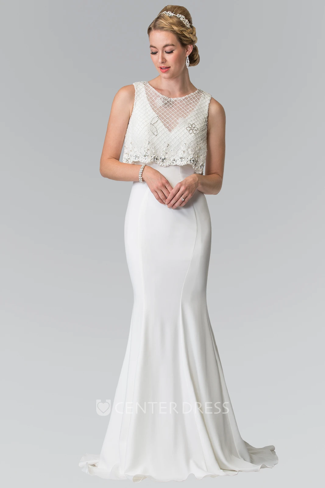Bolero Sheath Long Scoop-Neck Sleeveless Jersey Dress With Beading