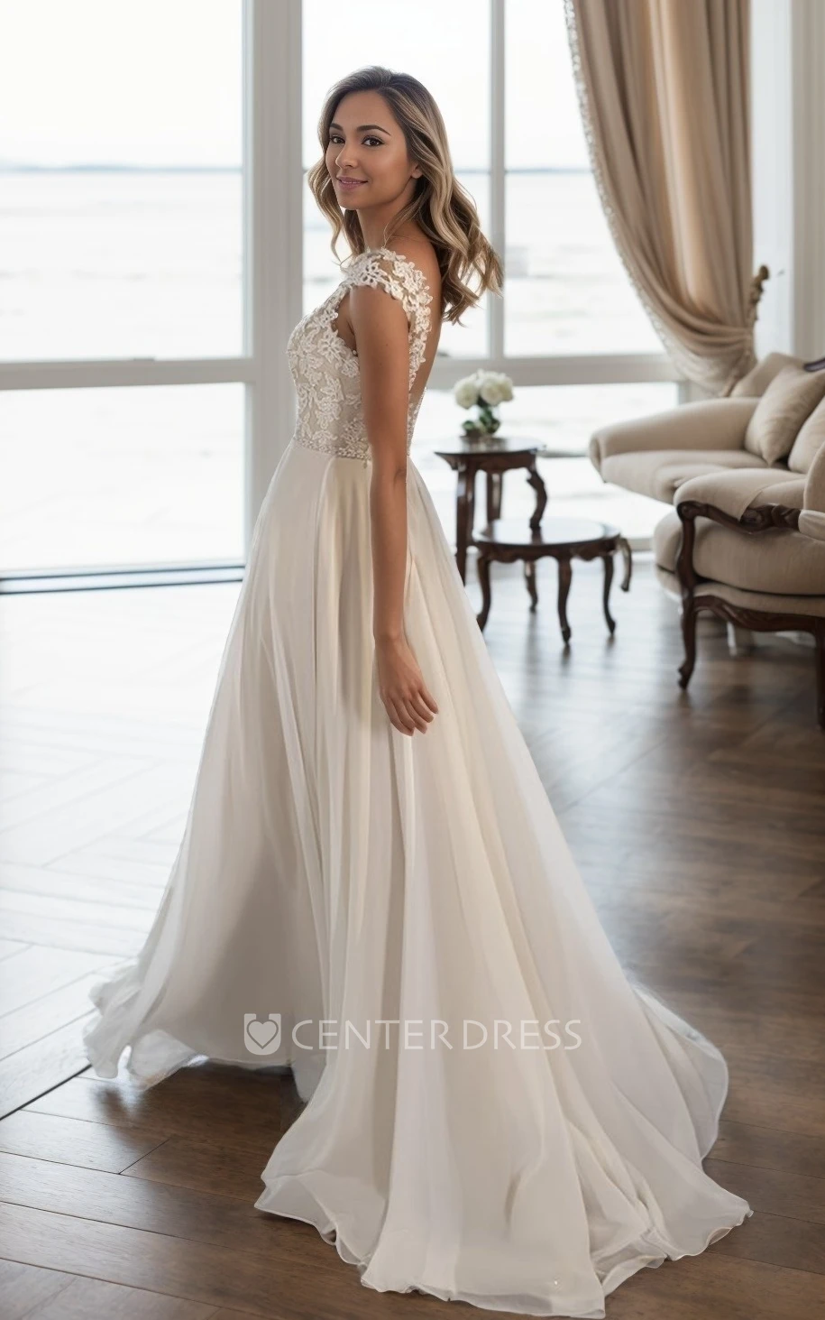 Country Bohemian A-Line Lace Beach Winter Wedding Dress Mature Romantic Cap Sleeve Floor Length Bridal Gown