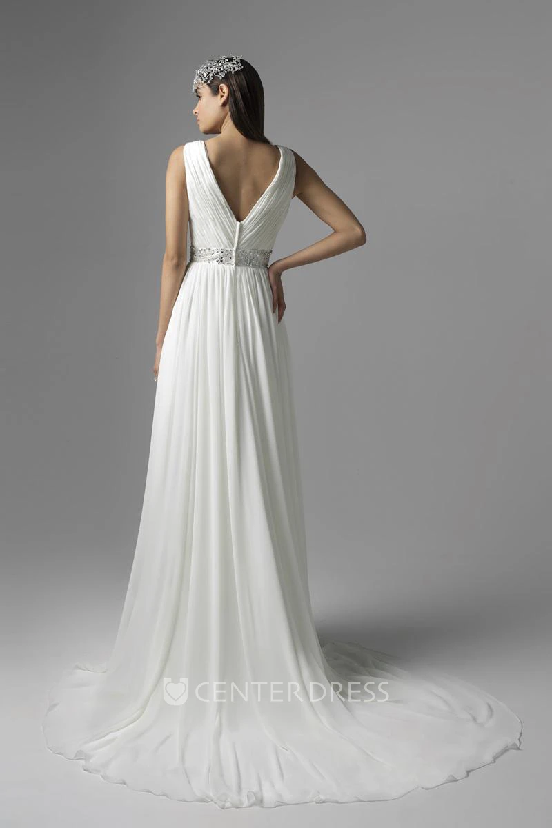 Maxi V-Neck Pleated Chiffon Wedding Dress With Sweep Train And V Back
