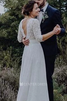 Ethereal Chiffon and Lace Scalloped Plunging Bridal Gown