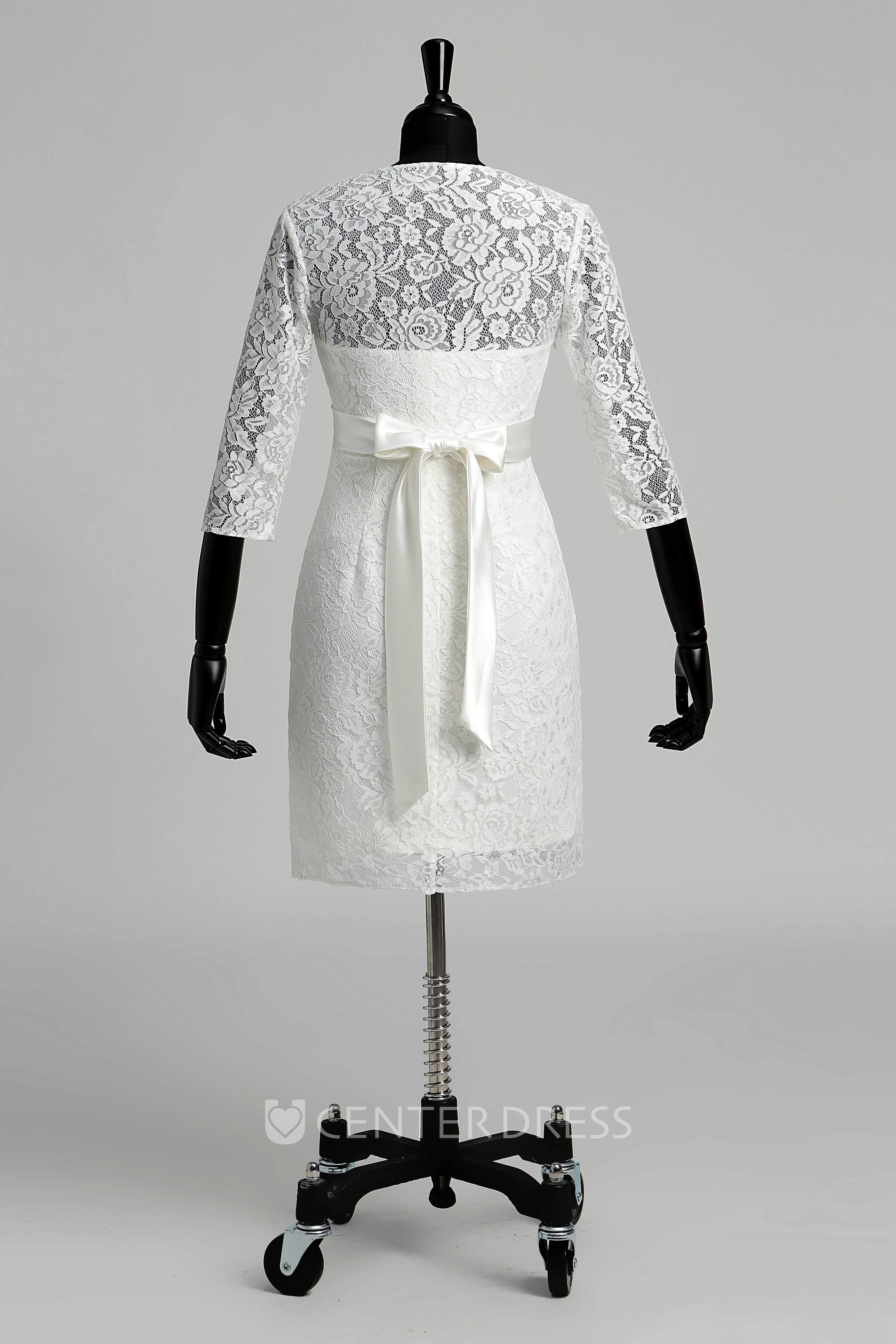 Lace A-line V-neck Illusion 3/4 Length Sleeve Ruched Maternity Wedding Dress