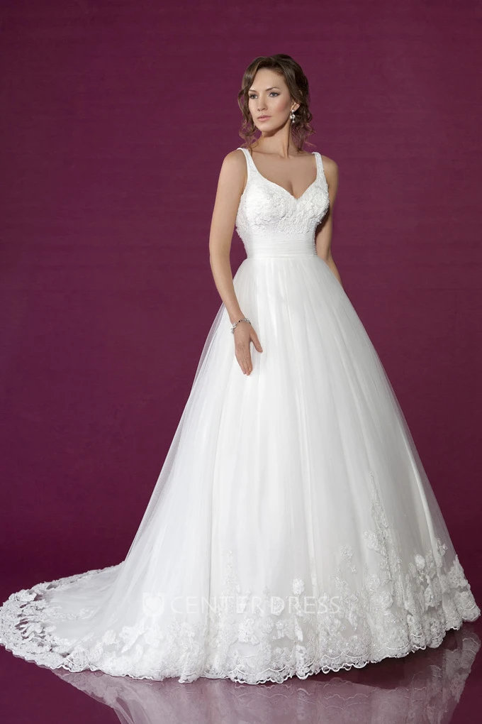 Long Straps Appliqued Tulle Wedding Dress With Chapel Train And V Back