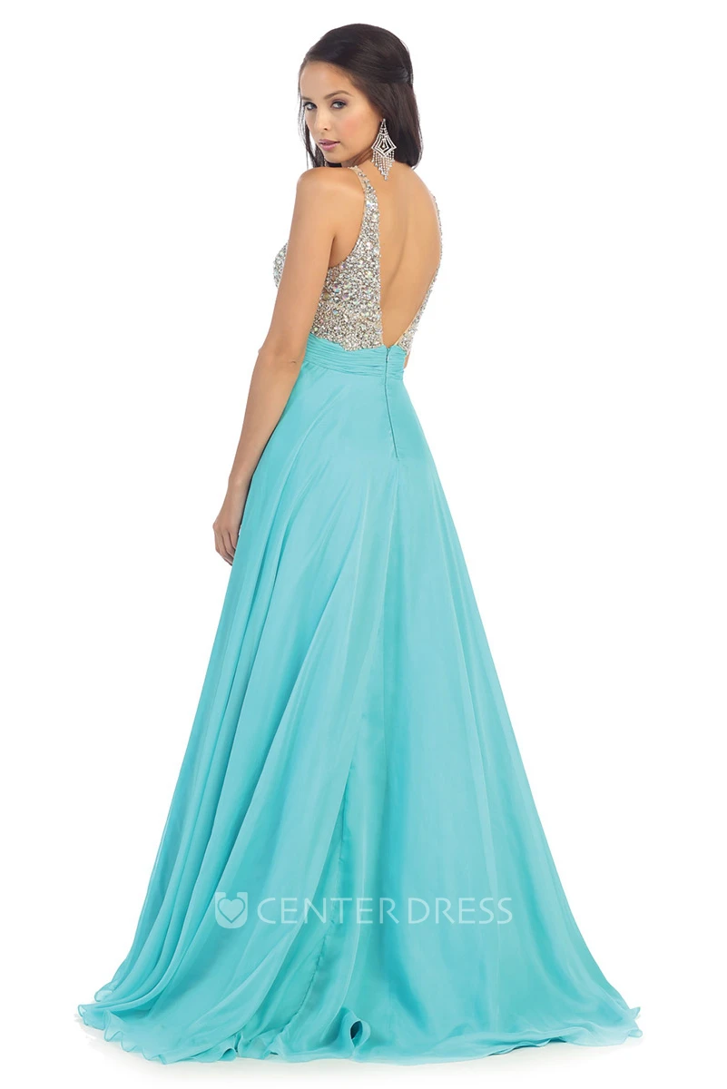 A-Line Long V-Neck Sleeveless Chiffon Deep-V Back Dress With Beading And Pleats