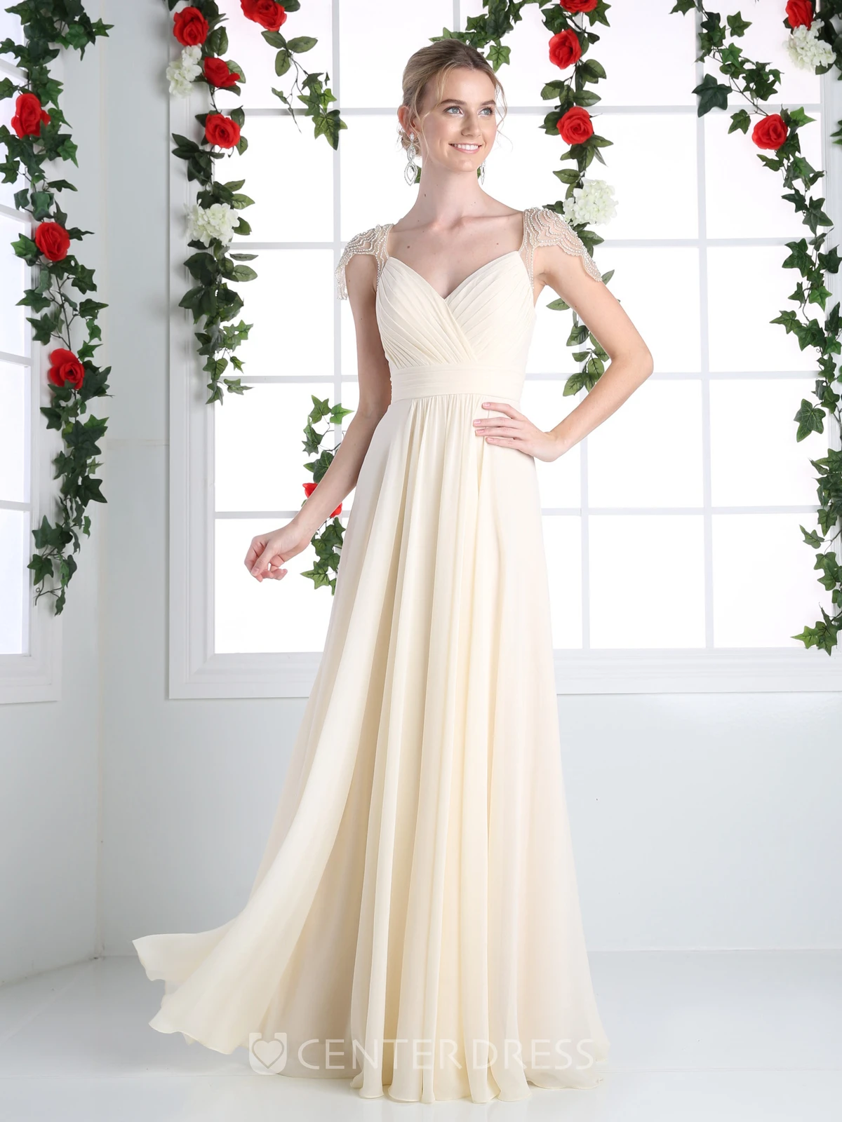 A-Line Long V-Neck Cap-Sleeve Chiffon Low-V Back Dress With Beading And Ruching