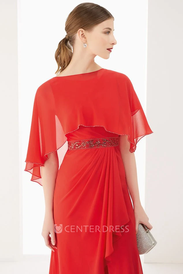 Side Drape Removable Sleeve High Low Chiffon Prom Dress With Front Split