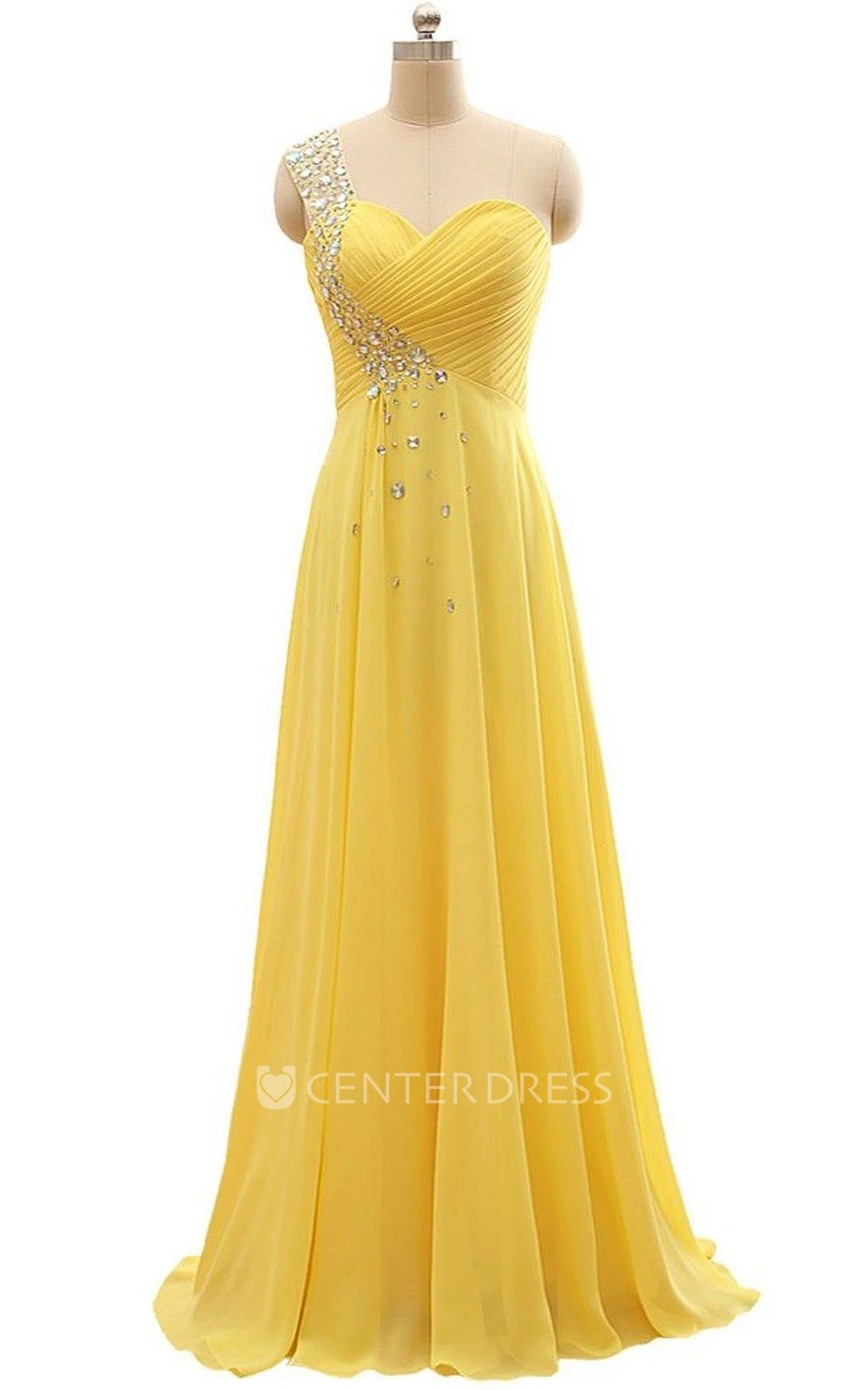 Floor-length One-Shoulder Chiffon Pleats Beading Dress