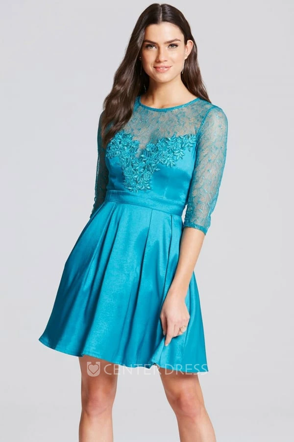 Short Illusion Sleeve Appliqued Scoop Neck Satin Bridesmaid Dress With Keyhole