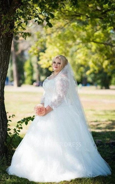 Plus Size Off Shoulder Tulle and Lace A-Line Wedding Dress