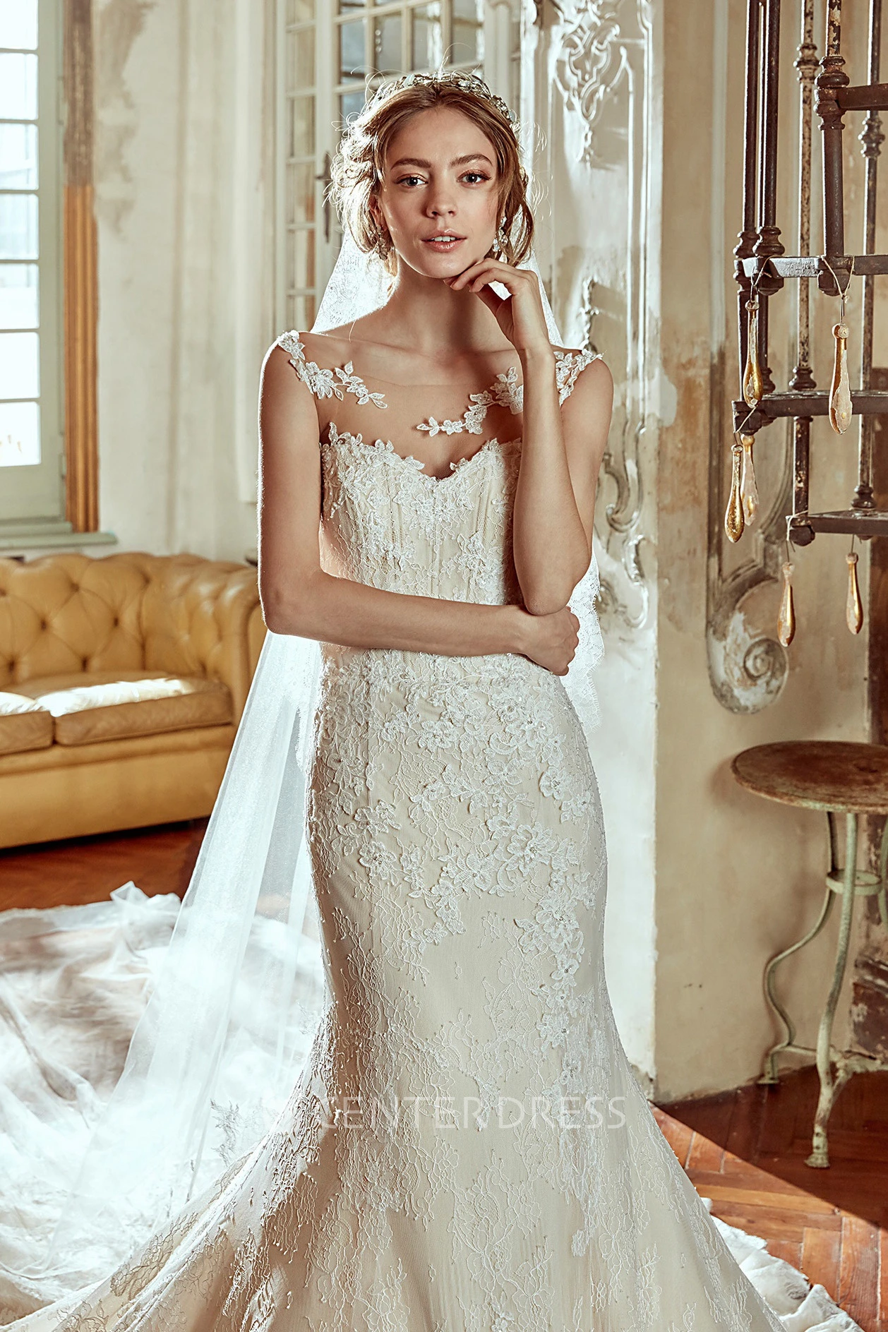 Cap-Sleeve Lace Wedding Dress with Scalloped Train Rim and Appliques