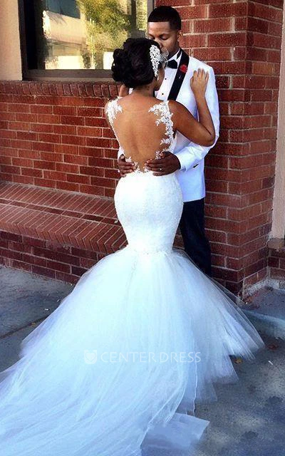 Mermaid Short Spaghetti Straps Sweetheart Sleeveless Bell Illusion Appliques Illusion Brush Train Backless Illusion Straps Keyhole Lace Dress