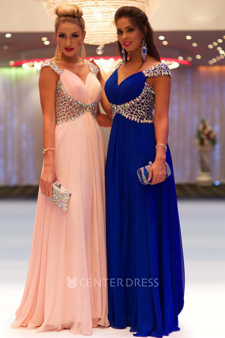 Sheath Beaded Cap-Sleeve Floor-Length V-Neck Chiffon Prom Dress With Pleats