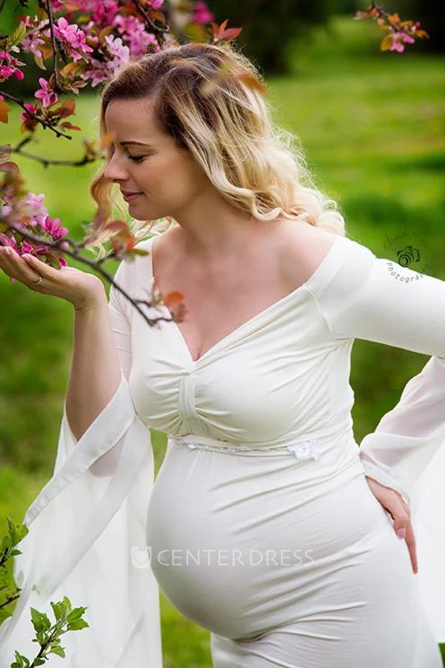 Sheath Court Train Long Sleeve Empire Maternity Wedding Dress